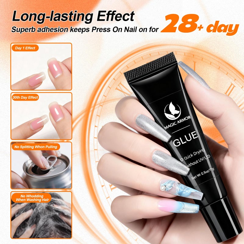 MAGIC ARMOR Press On Nail Glue & Remover Set – No UV Needed, Quick Dry Strong Adhesive & Non-Acetone Debonder, Long Lasting Semi Solid Glue & Gentle Remover for Fake Acrylic Nails - Image 3
